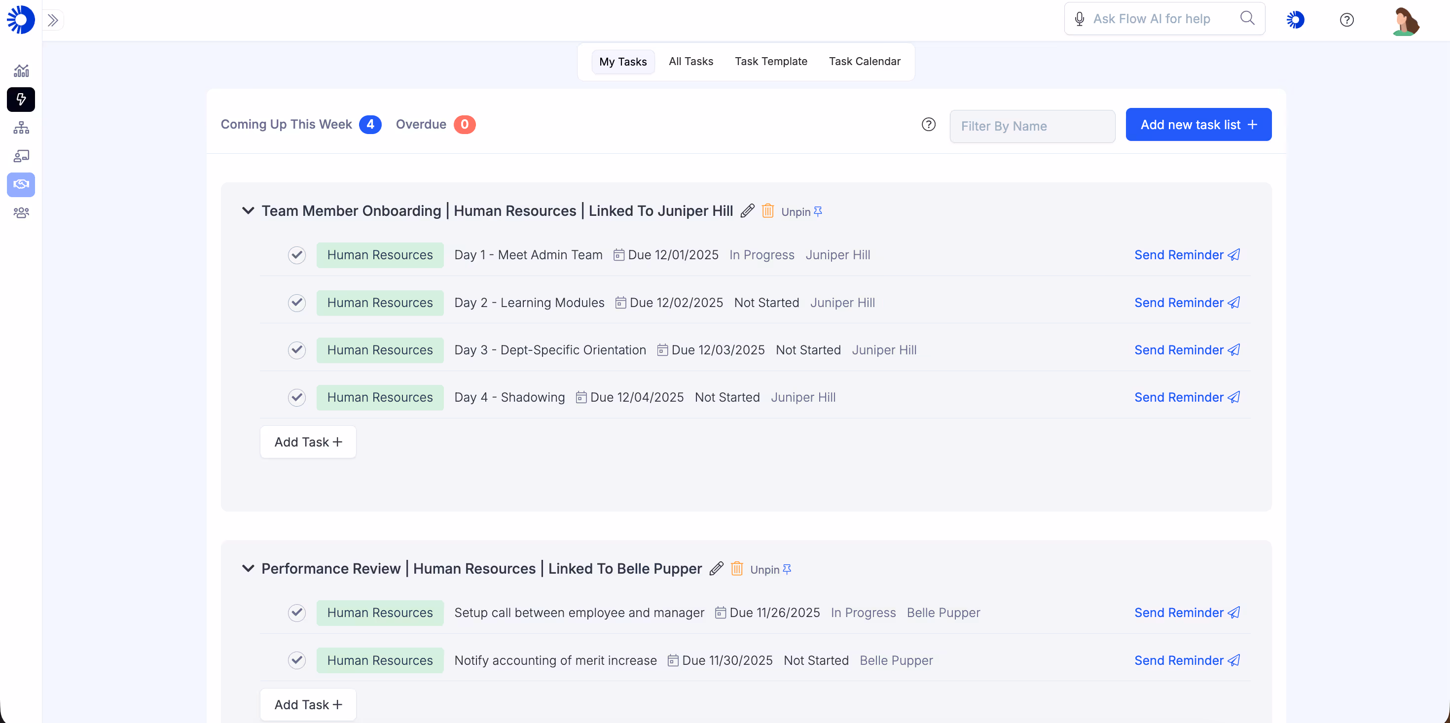 Task management interface showing two task lists: Team Member Onboarding with four tasks due between Dec 1-4, 2025, and Performance Review with two tasks due Nov 26 and 30, 2025, each task linked to Human Resources and individual owners.